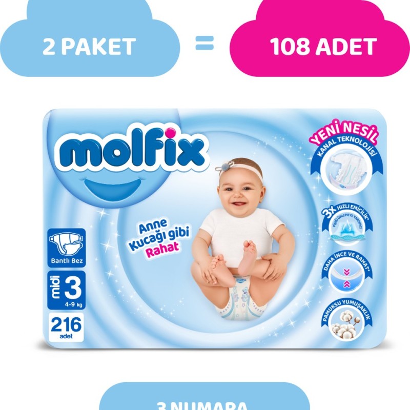 Molfix Nappies Size 3 Midi Hyper Economy Pack 216 Pieces