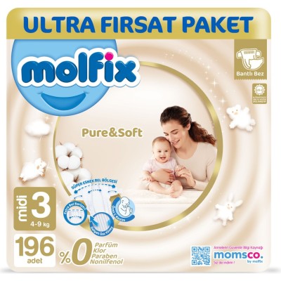 Molfix Pure &amp; Soft Nappies Size 3 Midi 196 Pieces