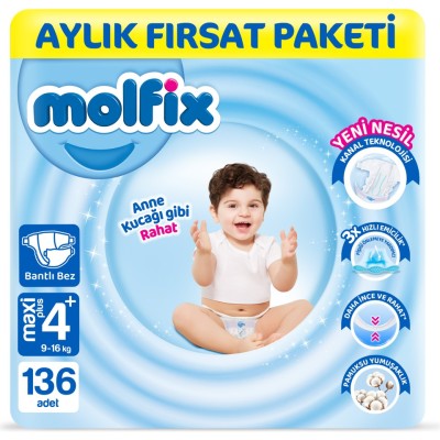 Molfix Nappies Size 4+ Maxi Plus Monthly Offer Pack 136 Pieces